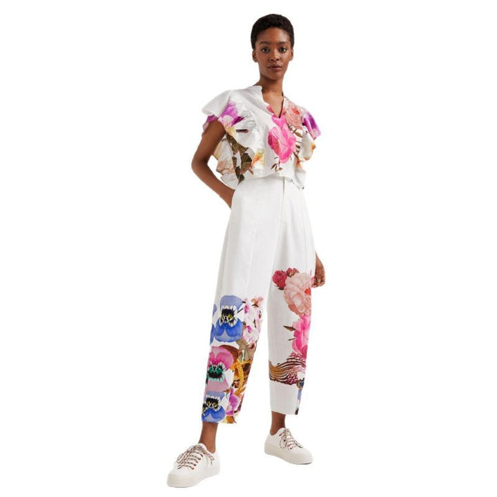 Dame Floral Print Rüschenshirt og Vidde Bukser Sæt Stilla