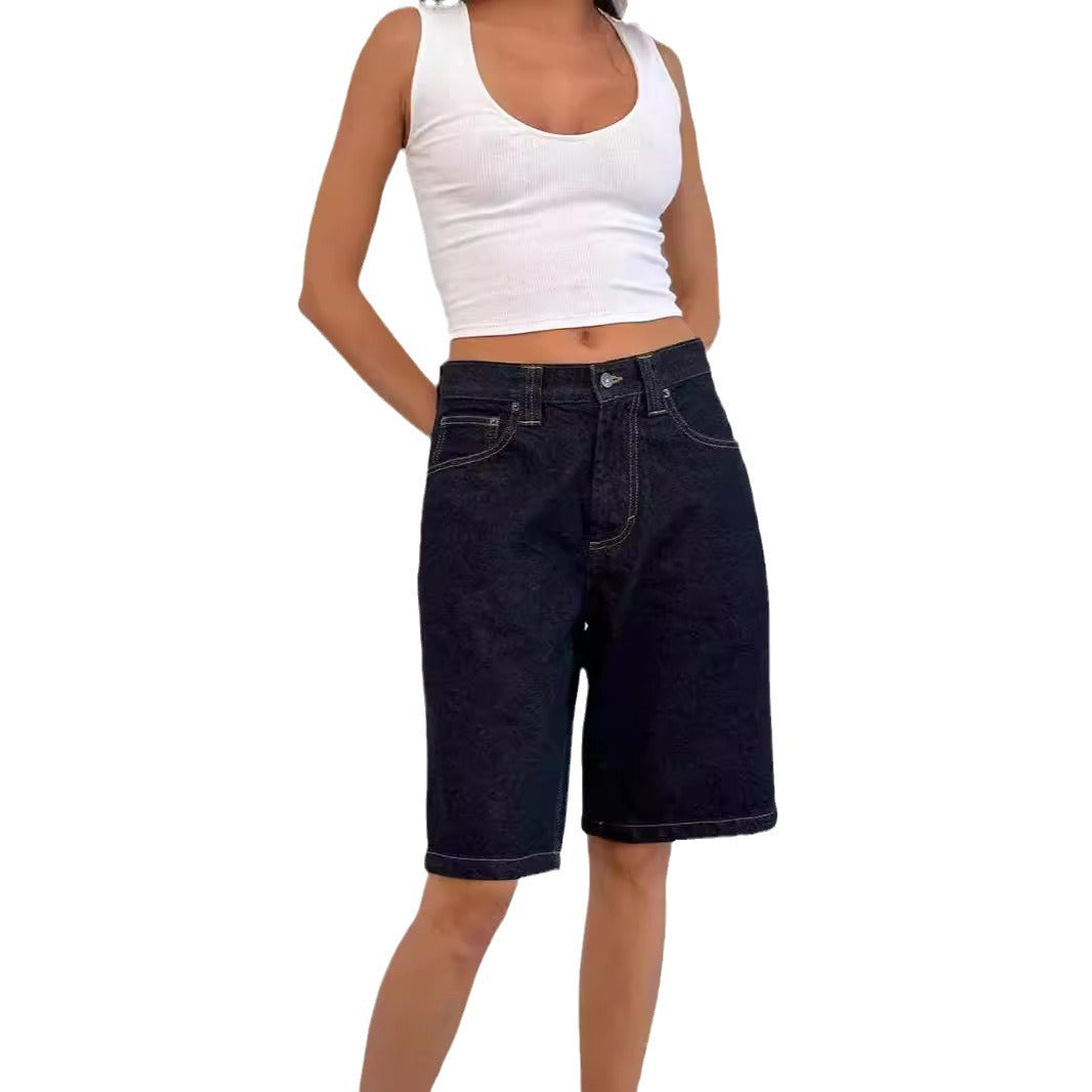 Dame afslappede Denim-shorts med bred pasform og høje sidelommer Skovae