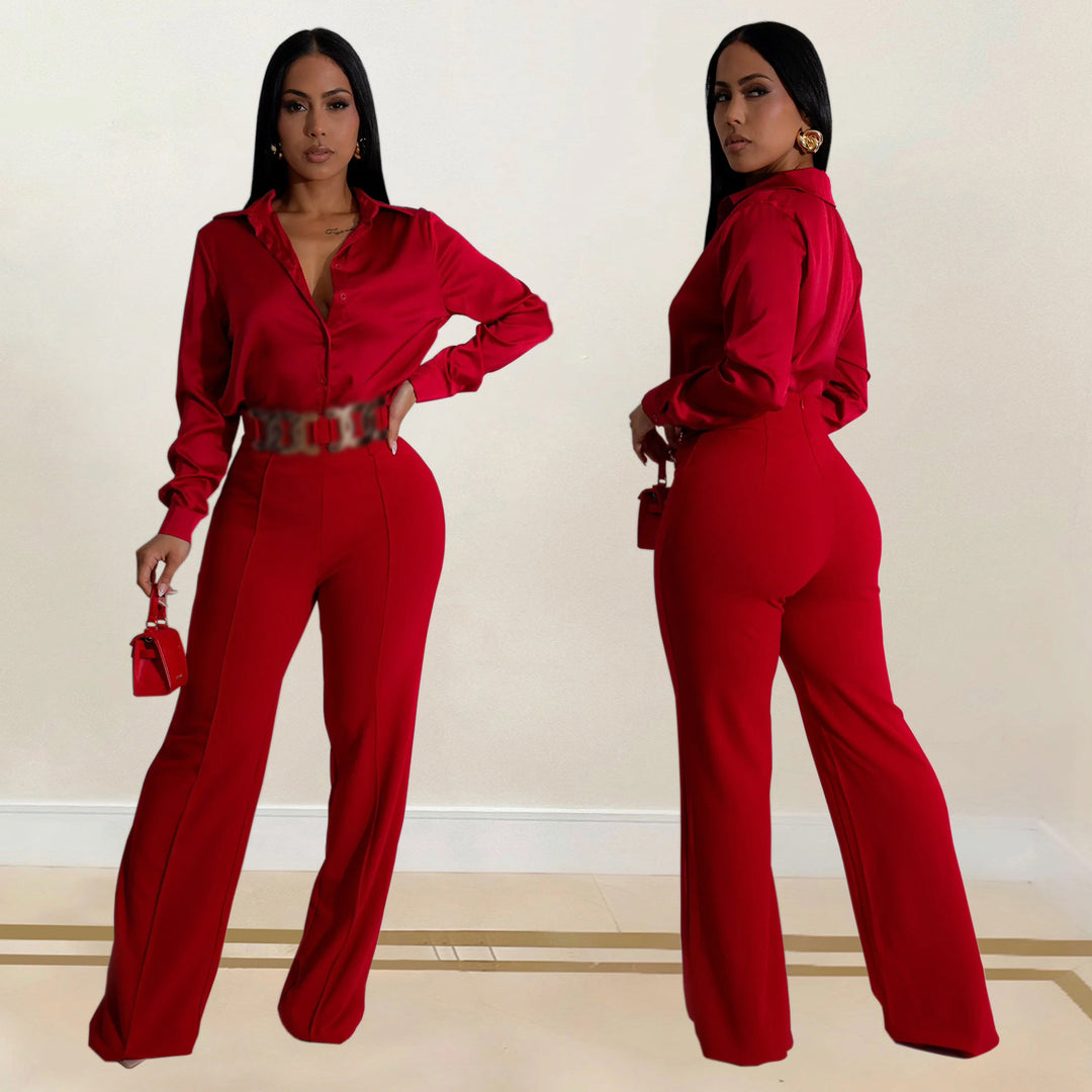 Dame Elegant bluse- og bukse-sæt med høj talje og glansfuldt finish Stilla