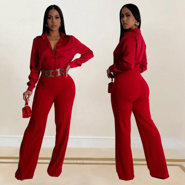 Dame Elegant bluse- og bukse-sæt med høj talje og glansfuldt finish Stilla