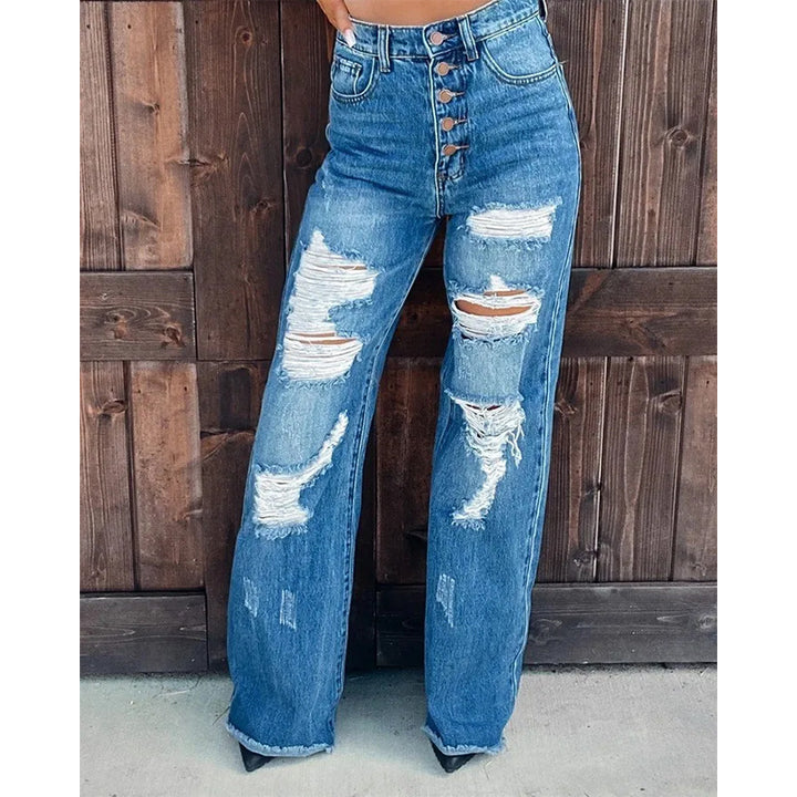 Damer Højt skårne Destroyed Jeans i bred pasform med knaplukning Stilla