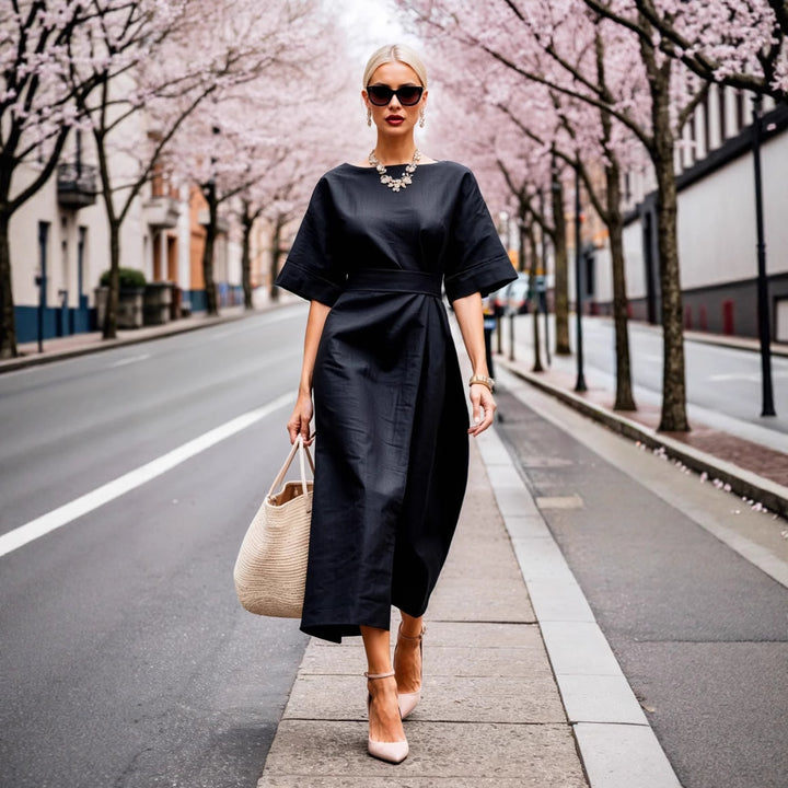Dame Elegant Vrapkjole med bredt skårne ærmer og figursyet design Stilla