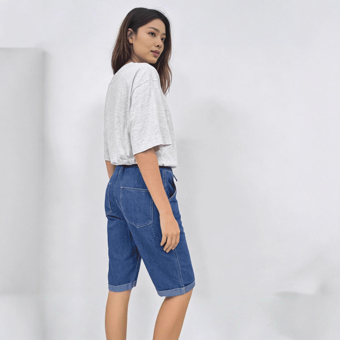 Dame jeans shorts med elastisk talje og praktiske lommer Skovae