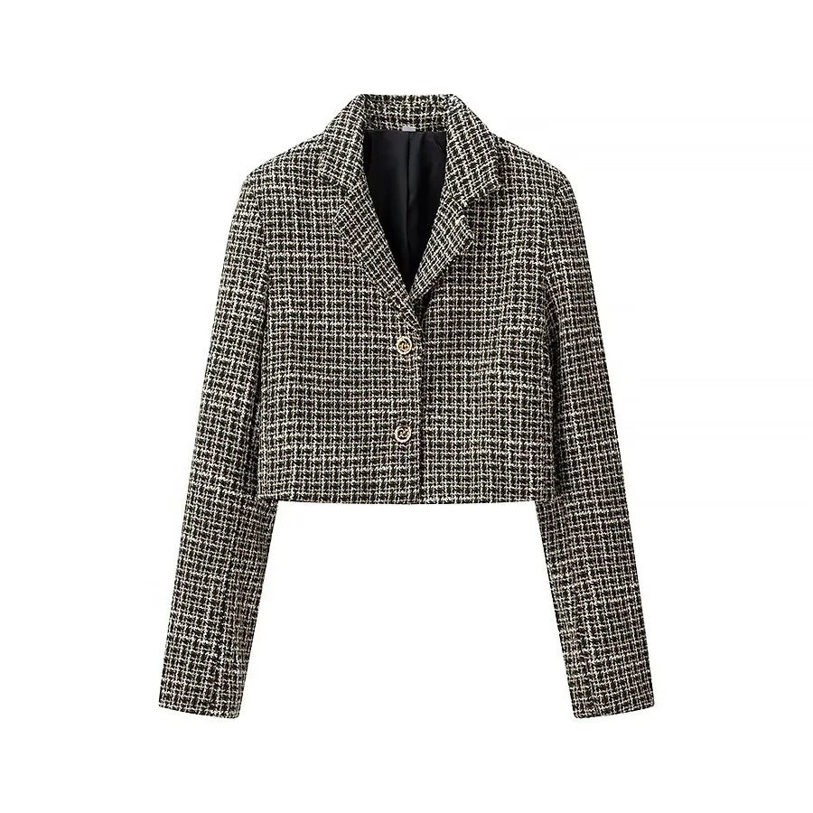 Dame Kort Tweed-Blazerjakke med dobbelt knaplukning og elegante detaljer Stilla