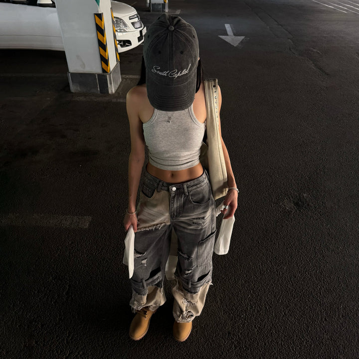 Kvinders trendy cargo jeans med filtet design og drop crotch Stilla