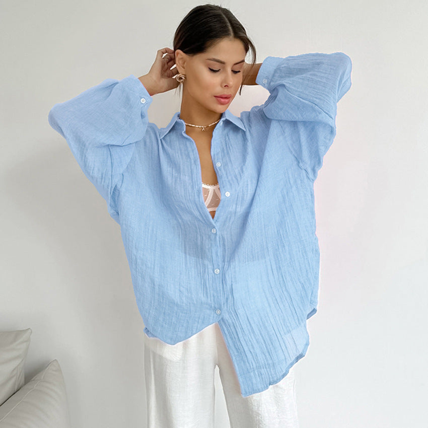 Dame Oversized Skjorte bluse i let linenmix med lange ærmer og moderne snit Stilla