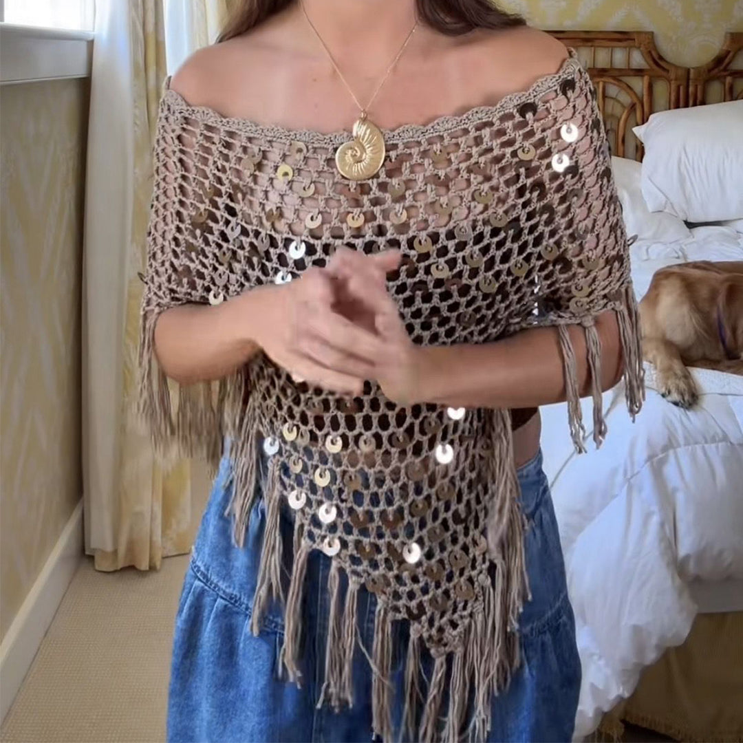 Dame dekorativ spids poncho med elegante palietter og frynser Skovae