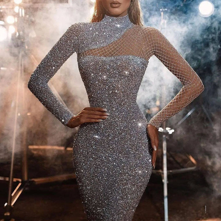 Dame Elegant glimmerkjole med asymmetrisk udskæring og lange ærmer Stilla
