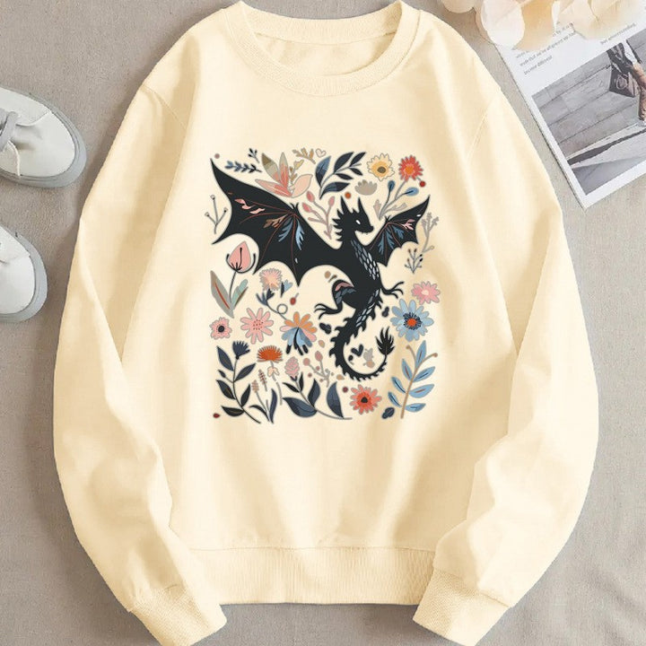 Kvinders sweatshirts med detaljeret drage- og blomstermotiv Stilla