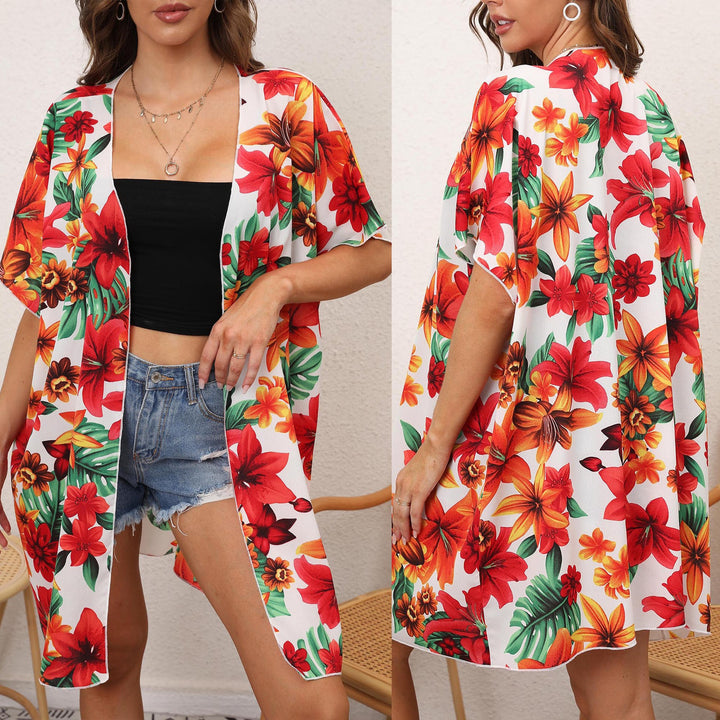 Dame Floral Print Åben Foran Kimono Wrap Stilla