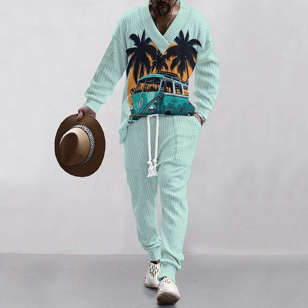 Herre afslappet fritidsoutfit med palmeprint og V-hals Stilla