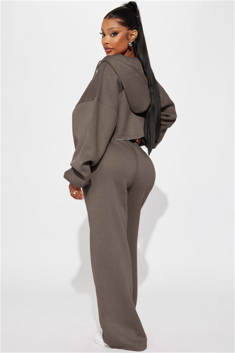 Dame afslappet oversized cropped sæt med lynlås og brede ben Stilla