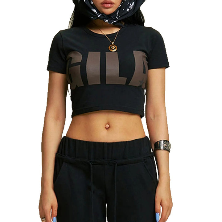 Dame Cropped T-Shirt med iøjnefaldende grafisk tryk Skovae