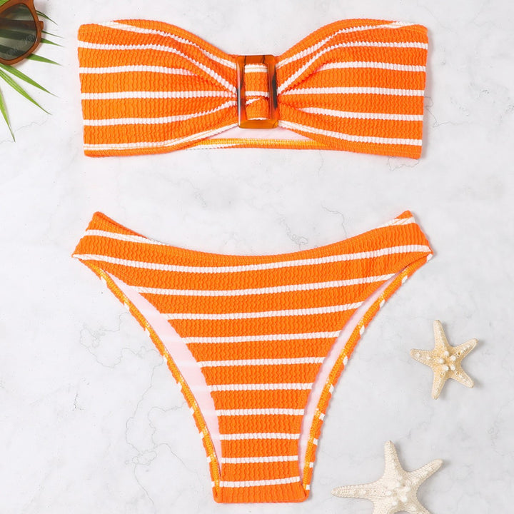 Dame Bandeau-bikini med elegant rynkning og moderne stribemønster Stilla