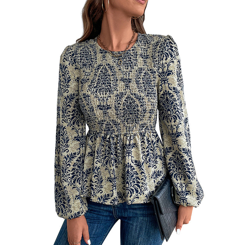 Dame Elegant Bluse med raffineret Floral-Design og Puffærmer Stilla