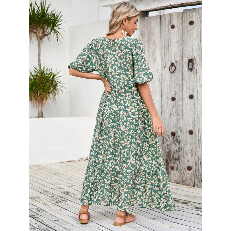 Dame Floral Maxi Kjole med Puffærmer og Lagdelt Skørt Stilla