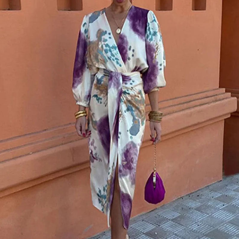 Dame wrapping kjole med asymmetrisk snit og dekorative ærmer Stilla