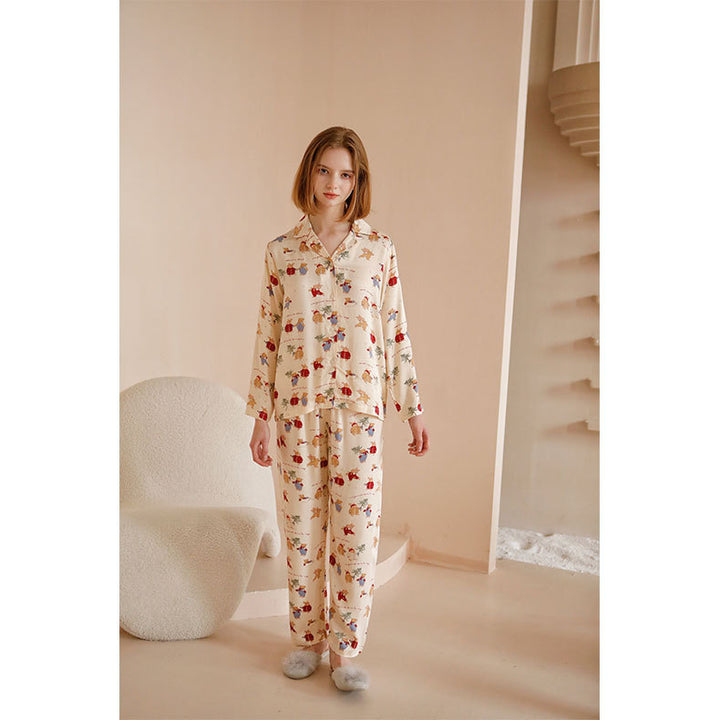 Dame pyjamasæt med farverigt dyremotiv og elastisk talje Stilla