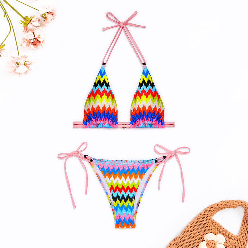 Dame triangel-bikini med livligt bølgemønster og justerbare stropper Stilla