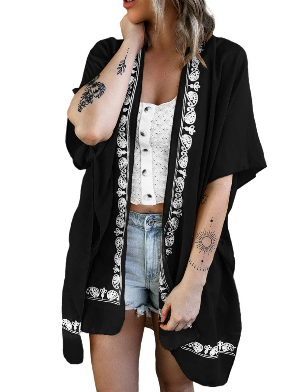 Dame Trendy Kimono-lignende Bluse med blomsteragtig blondebesætning Stilla