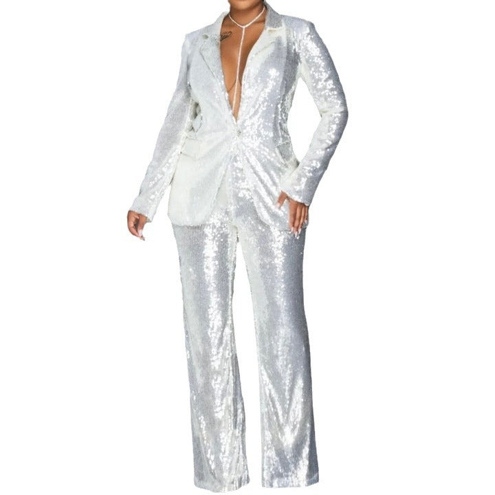 Dame Glitterende Jumpsuit sæt med tætsiddende silhuet og glitrende detaljer Stilla