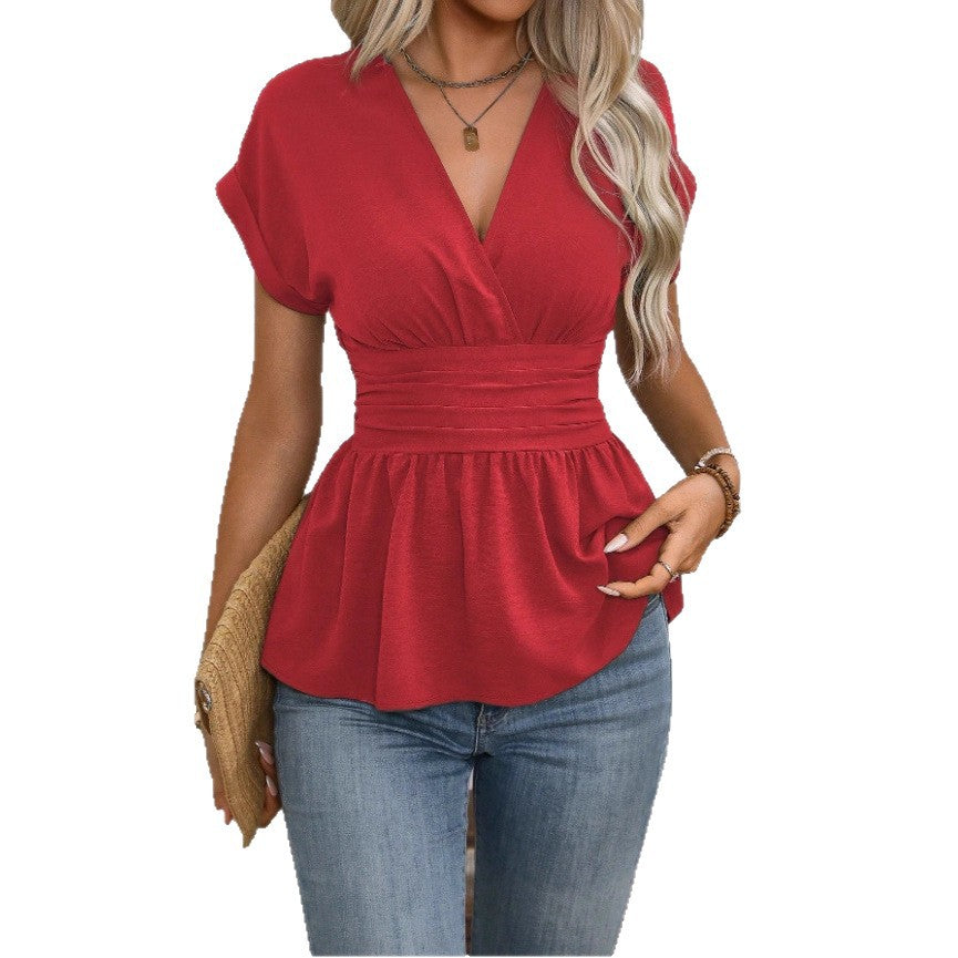 Dame Peplum-Blouse med V-Udskæring og Taljebælte Skovae