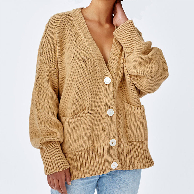 Dame Oversized Strikjakke med Lommer og V-Hals Stilla
