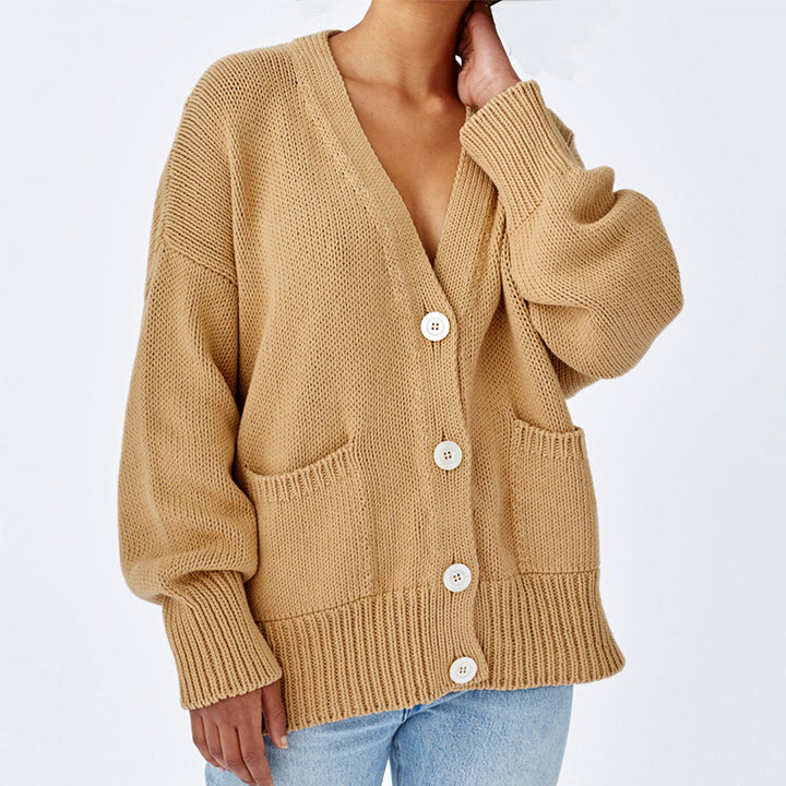 Dame Oversized Strikjakke med Lommer og V-Hals Stilla