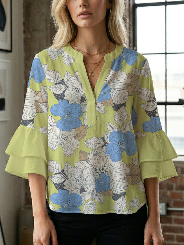 Dame skjorte med voluminøse ærmer og blomsterdesign Skovae