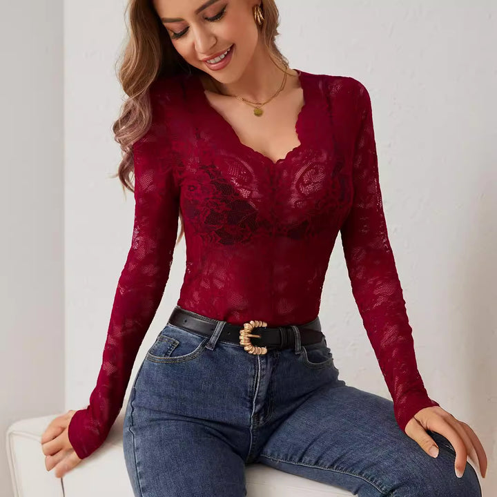 Dame elegant spidsbluse med dyb V-hals og lange ærmer Stilla