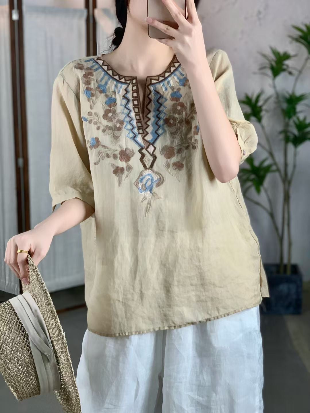 Femme Broderet Linned-Tunika-Overdel Stilla