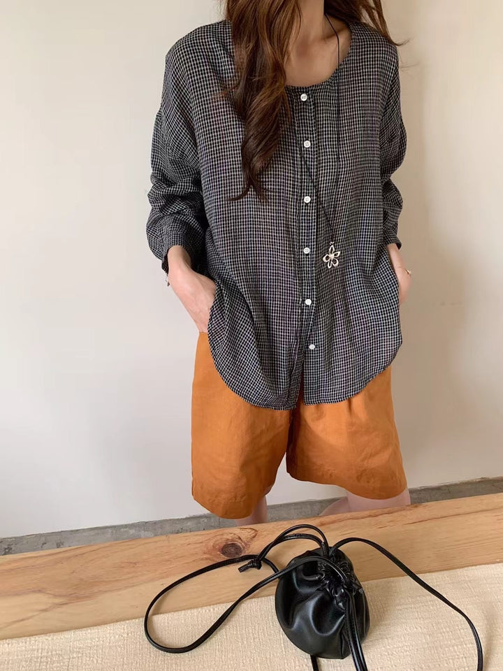 Damer Oversized Button-Up Karo-Bluse med unik kant Stilla