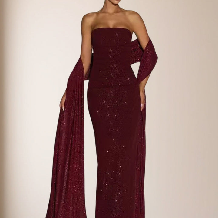 Kvinder elegant aftenkjole med glitrende pailletter og off-shoulder design