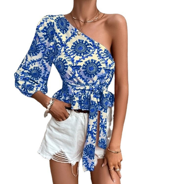 Dame asymmetrisk En-skulder Peplum Top Stilla