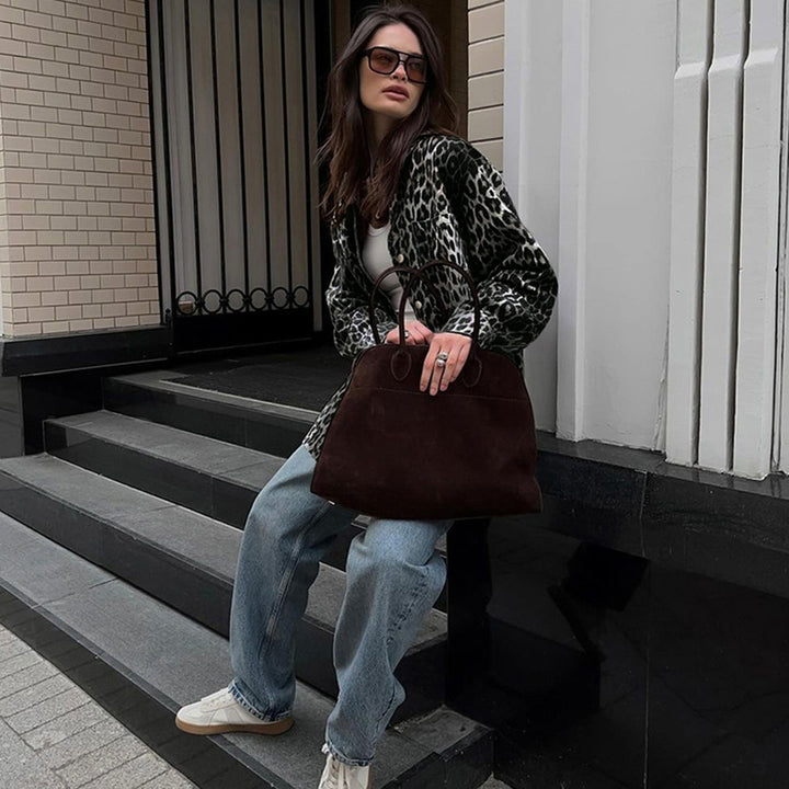 Dame Lagdelte Jeansskjorte med Leopardmønster og Pålægslommer Stilla