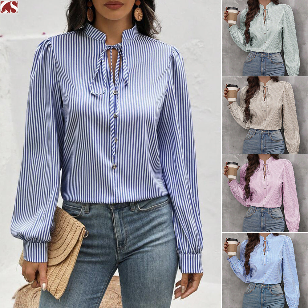 Damer stribet bluse top med krave Stilla