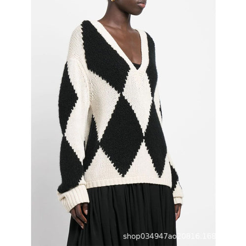 Damer trendy V-hals strikket sweater med zigzag mønster Stilla