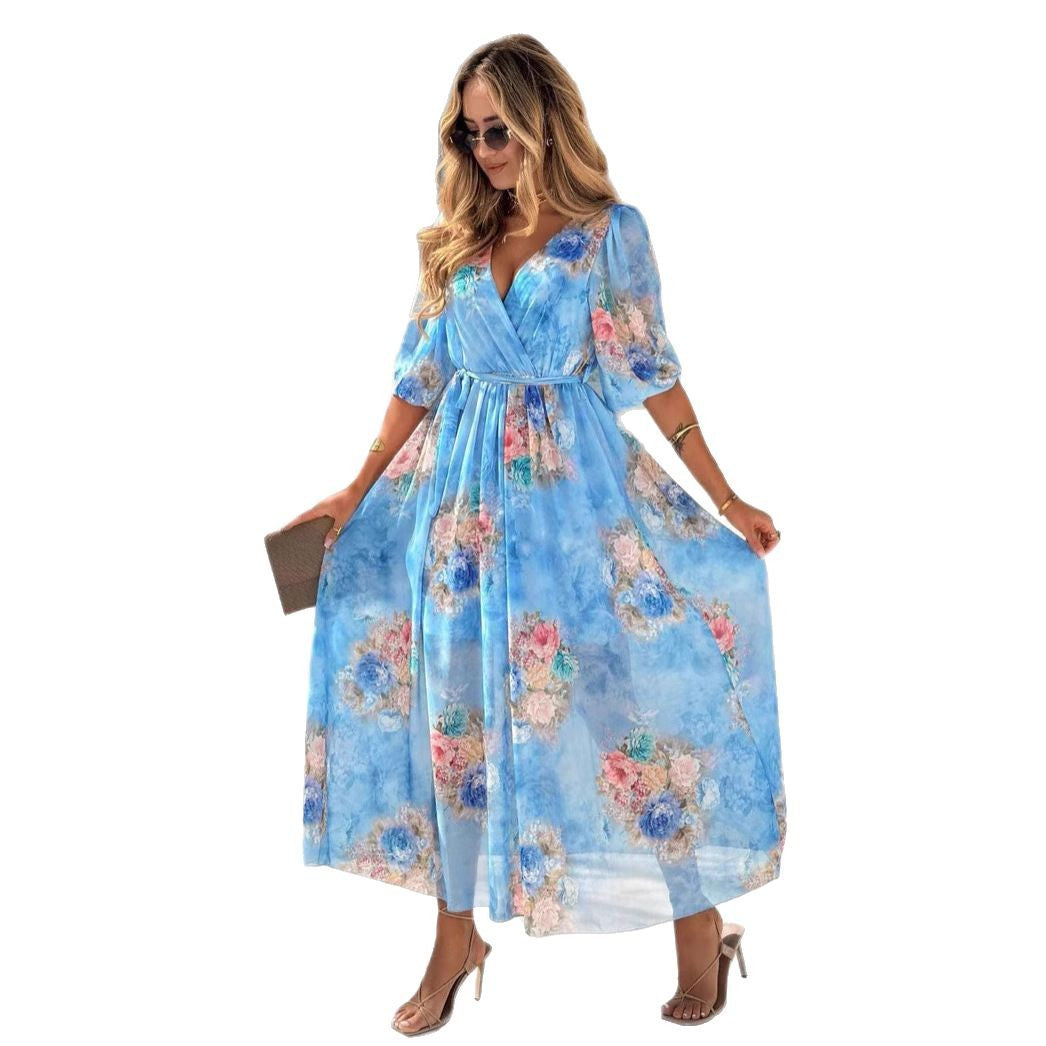 Dame Maxikjole med blomster-chiffon og elegant drapering Stilla