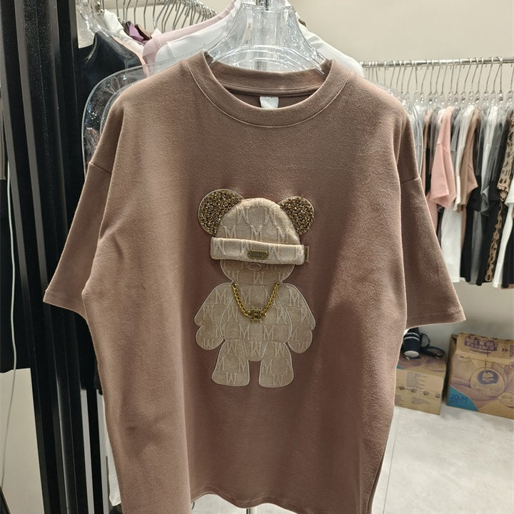 Dame T-shirt med kreativ bjørnemotiv og luksuriøse detaljer Stilla