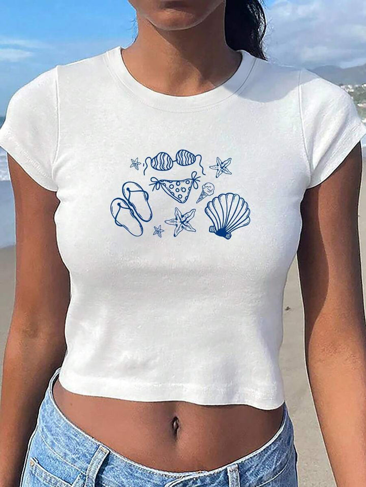 Dame Crop-T-Shirt med kreativt motiv og tætsiddende snit Skovae