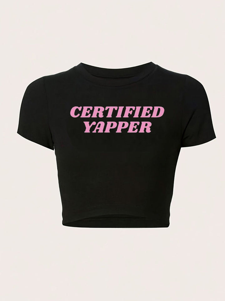 Dame figursyet kortærmet T-shirt med legesygt tryk Skovae