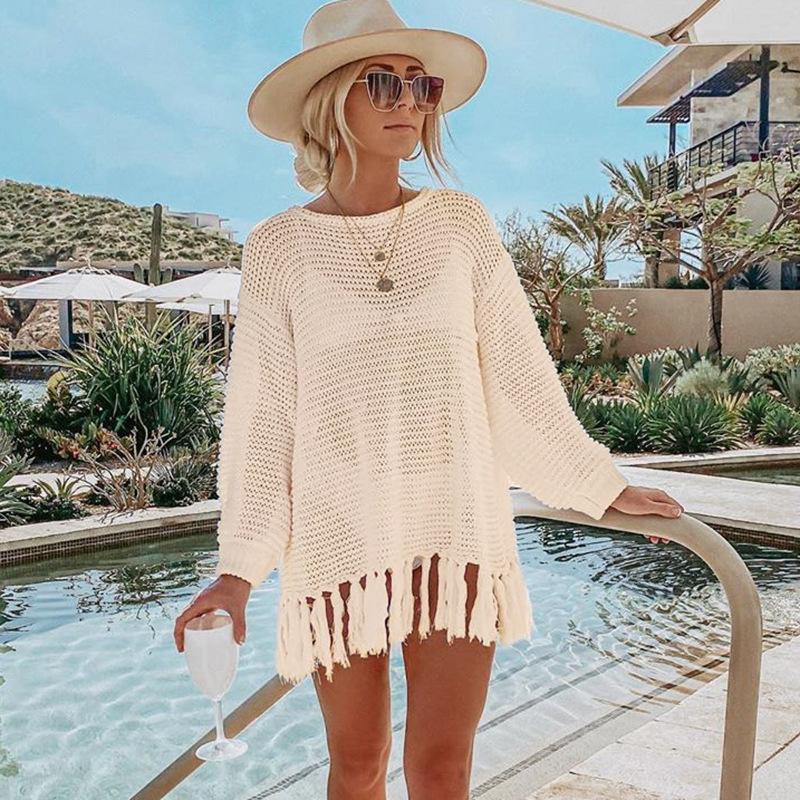 Dame hæklede strandpullover med frynset detaljer Stilla