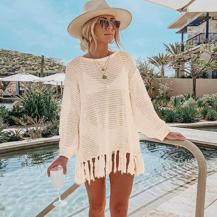 Dame hæklede strandpullover med frynset detaljer Stilla