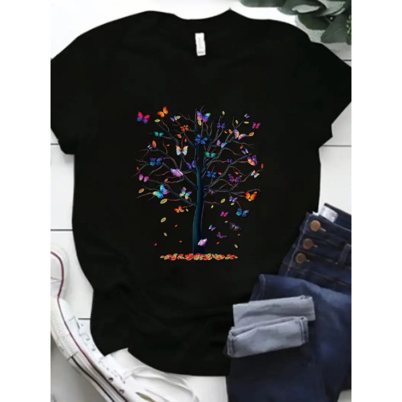 Dame T-shirt med livlig træ- og sommerfugletryk Stilla