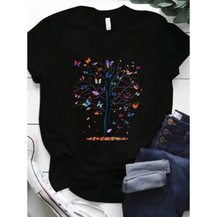 Dame T-shirt med livlig træ- og sommerfugletryk Stilla