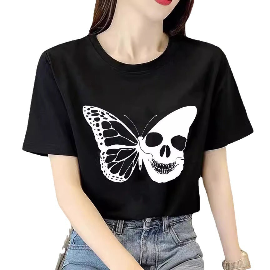 Dame T-Shirt med kreativ sommerfuglskelet-design Stilla