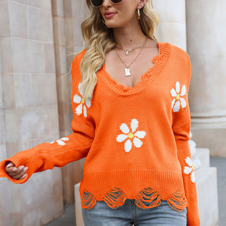 Dame strikpullover med blomsterprint og raffineret V-hals Stilla