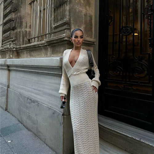 Damer Hæklet Maxikjole med dyb V-udskæring og elegant struktur Stilla