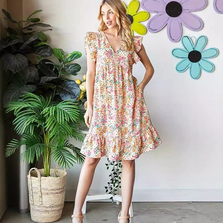 Dame Elegant blomstermønster sommerkjole med flæseudskæringer Stilla