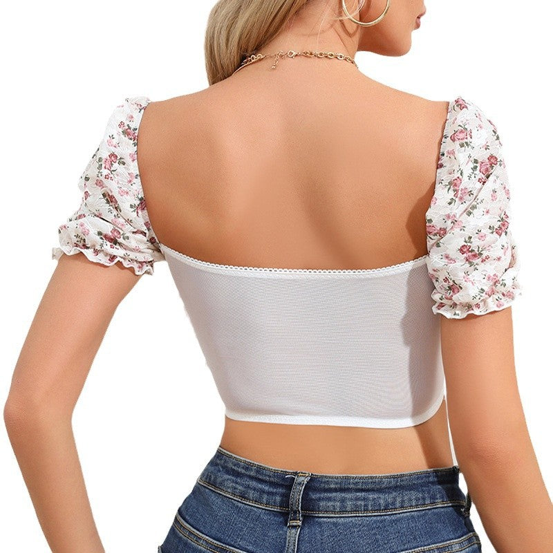Dame Floral-Crop-Top med puffærmer og sød hjerteudskæring Stilla